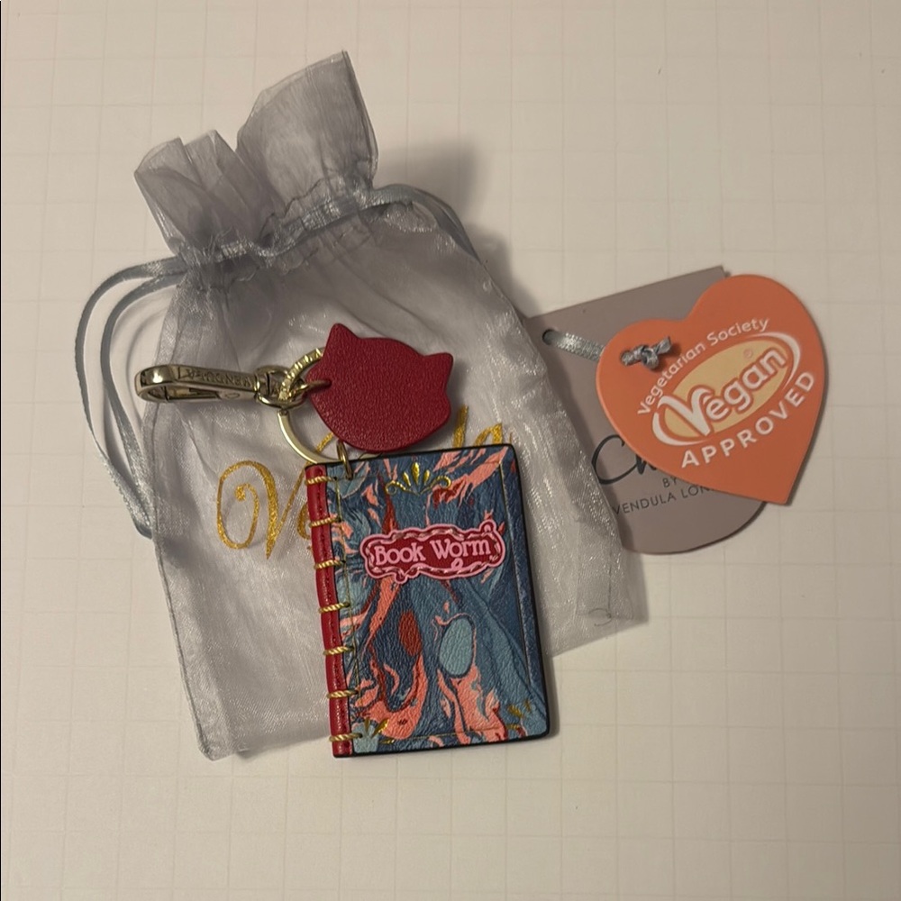 Vendula London Book Worm Keychain with Red Cat Charm